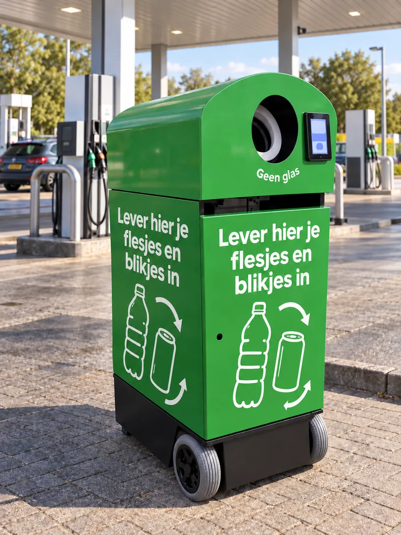 De NOMAD in groene uitvoering op wielen, buiten bij een tankstation