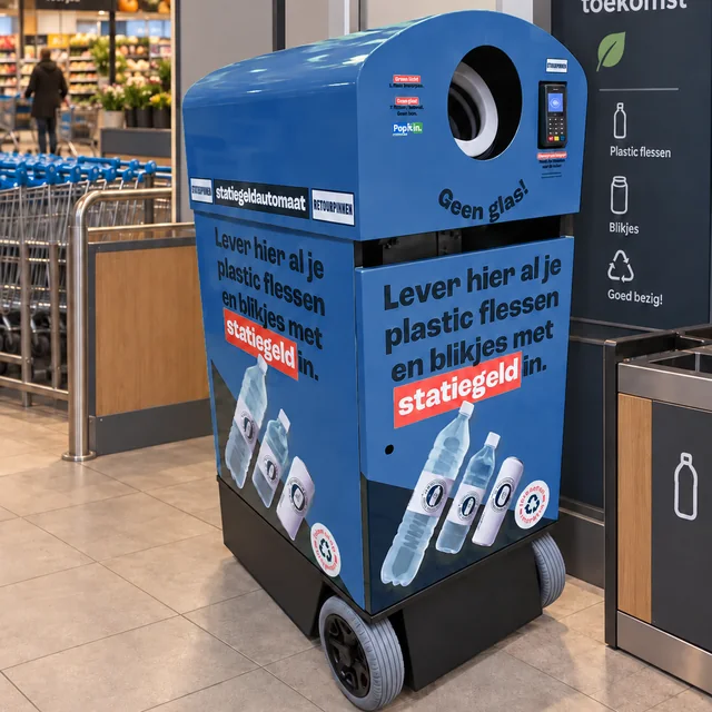 De NOMAD op wielen bij de ingang van een supermarkt