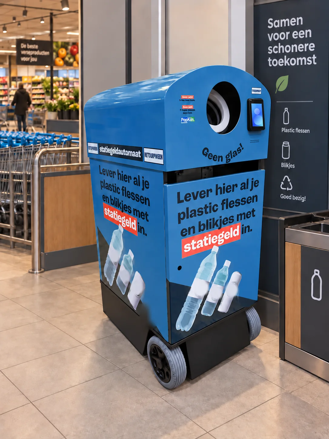 De NOMAD op wielen bij de ingang van een supermarkt