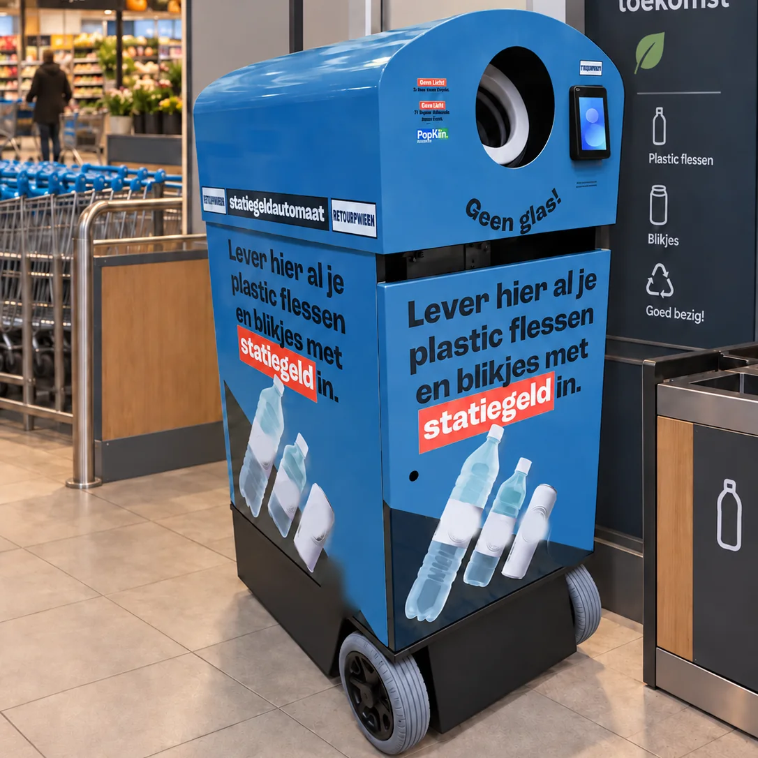 De NOMAD op wielen bij de ingang van een supermarkt