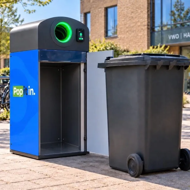 De DOCK vast opgesteld buiten, naast een afvalcontainer